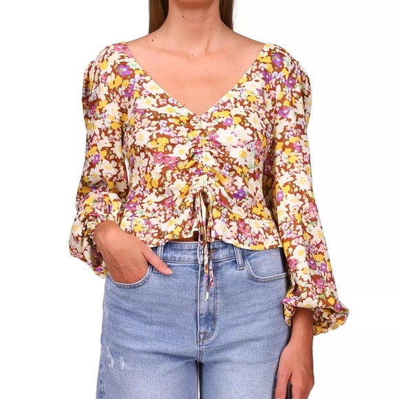 SANCTUARY Floral-Print Tie-Front Drawstring Top NWT - Picture 1 of 8